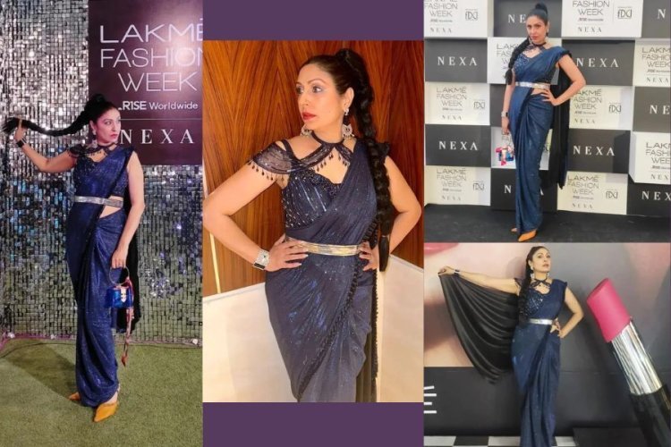 Pooja Misra looks like the ultimate fashion icon on Day 1 of Lakme Fashion Week x FDCI in a navy blue drape!