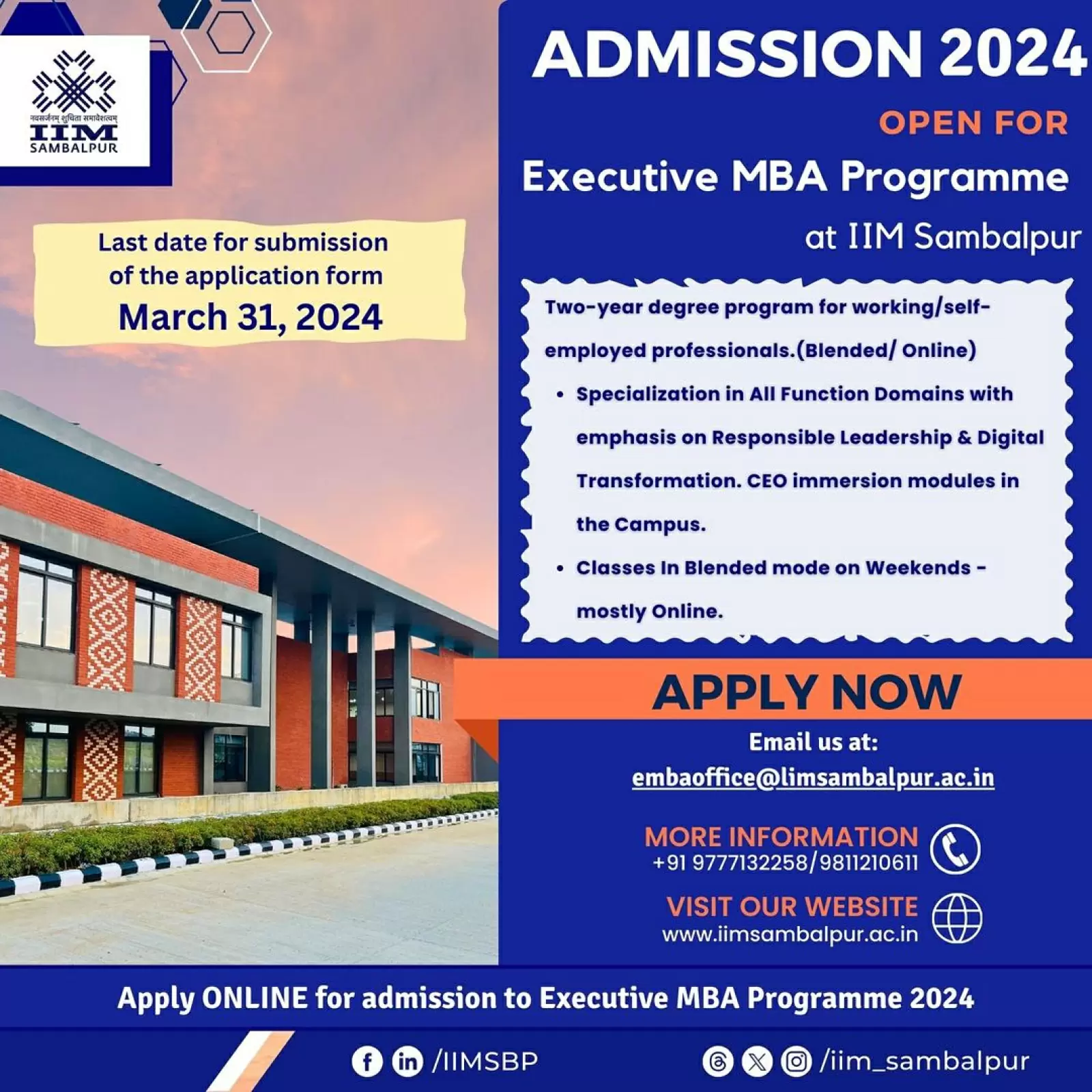 IIM Sambalpur invites online applications for Executive MBA Program (2024-2026)